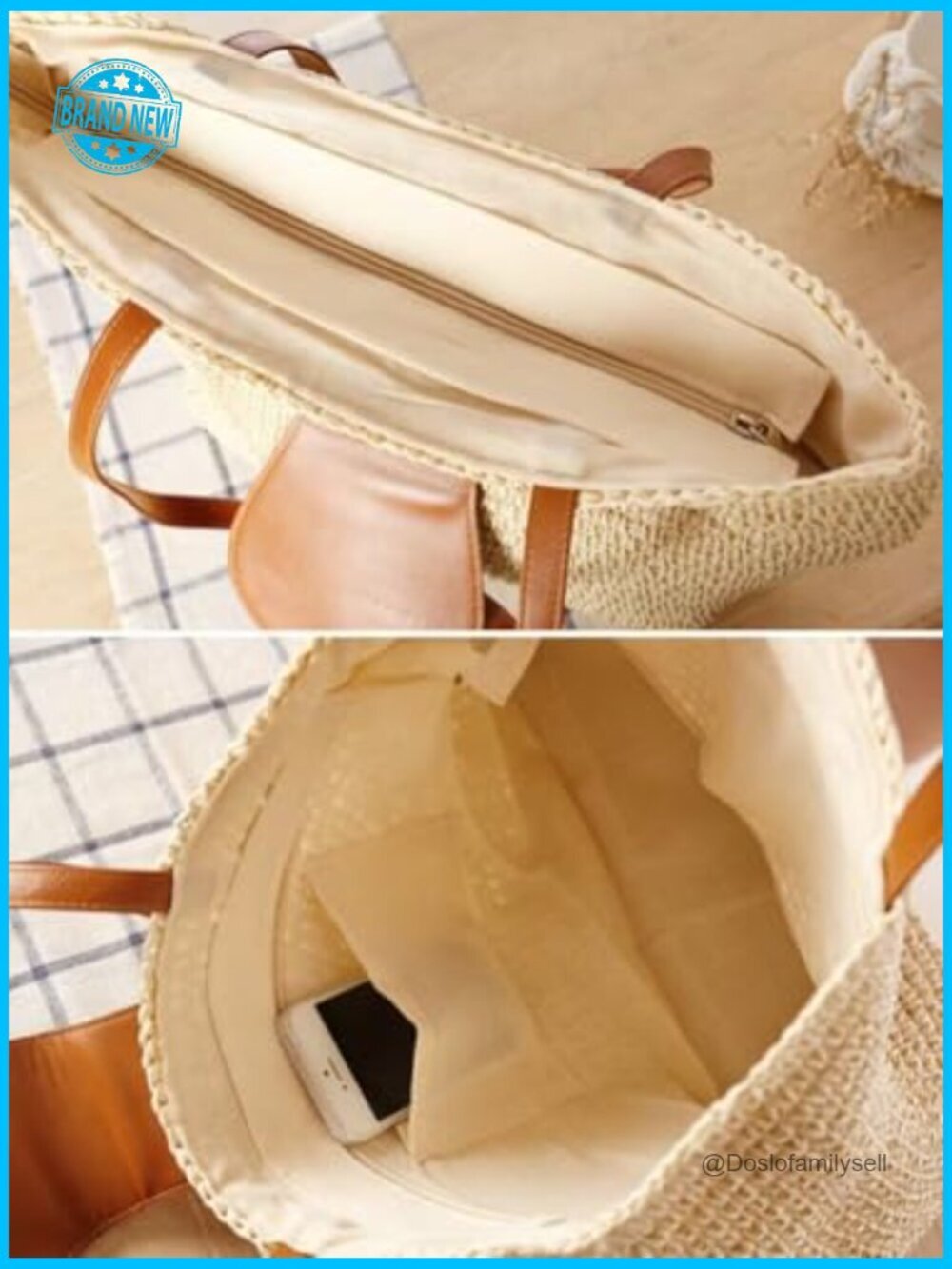 Woven Straw Tote Bag Large Beach Shoulder Purse Boho Minimal Chic Summer - Picture 2 of 7